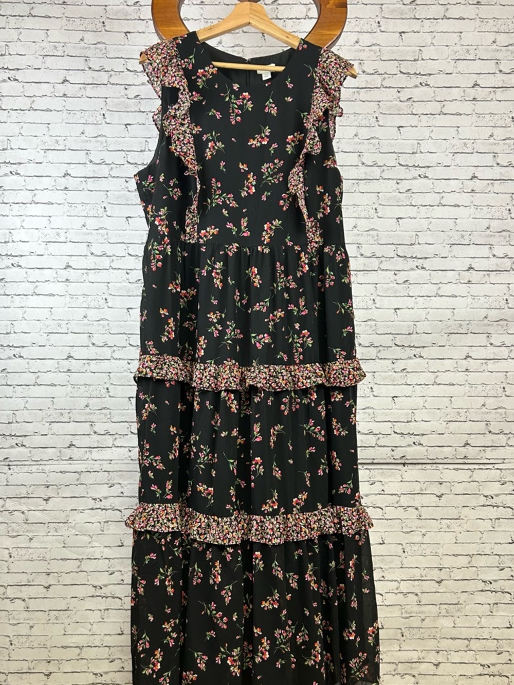 J.Crew | Black Floral Sleeveless Ruffle Maxi Dress size 14